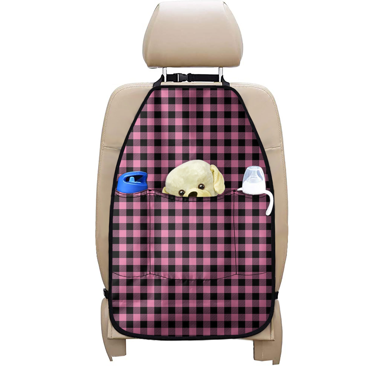 Pink And Black Buffalo Check Print Car Seat Organizers
