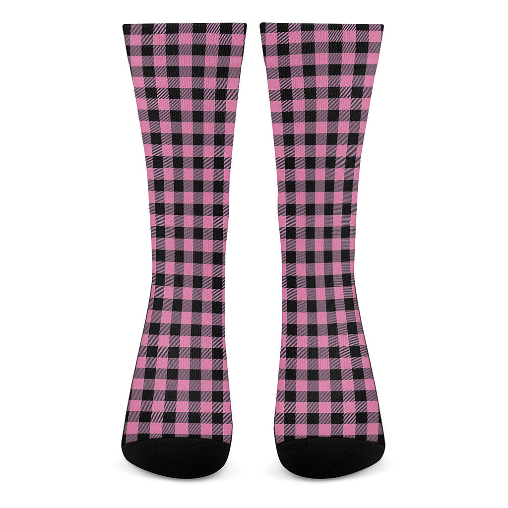 Pink And Black Buffalo Check Print Crew Socks