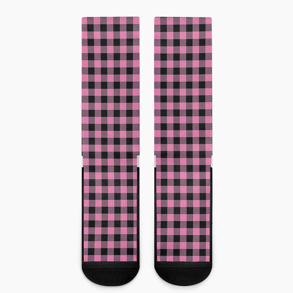 Pink And Black Buffalo Check Print Crew Socks