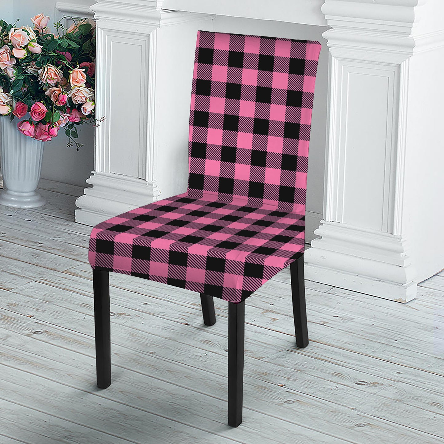 Pink And Black Buffalo Check Print Dining Chair Slipcover