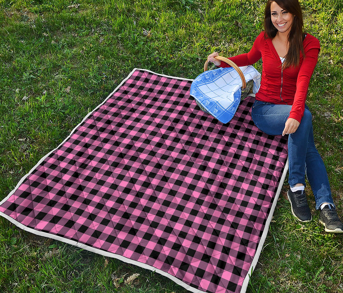 Pink And Black Buffalo Check Print Quilt
