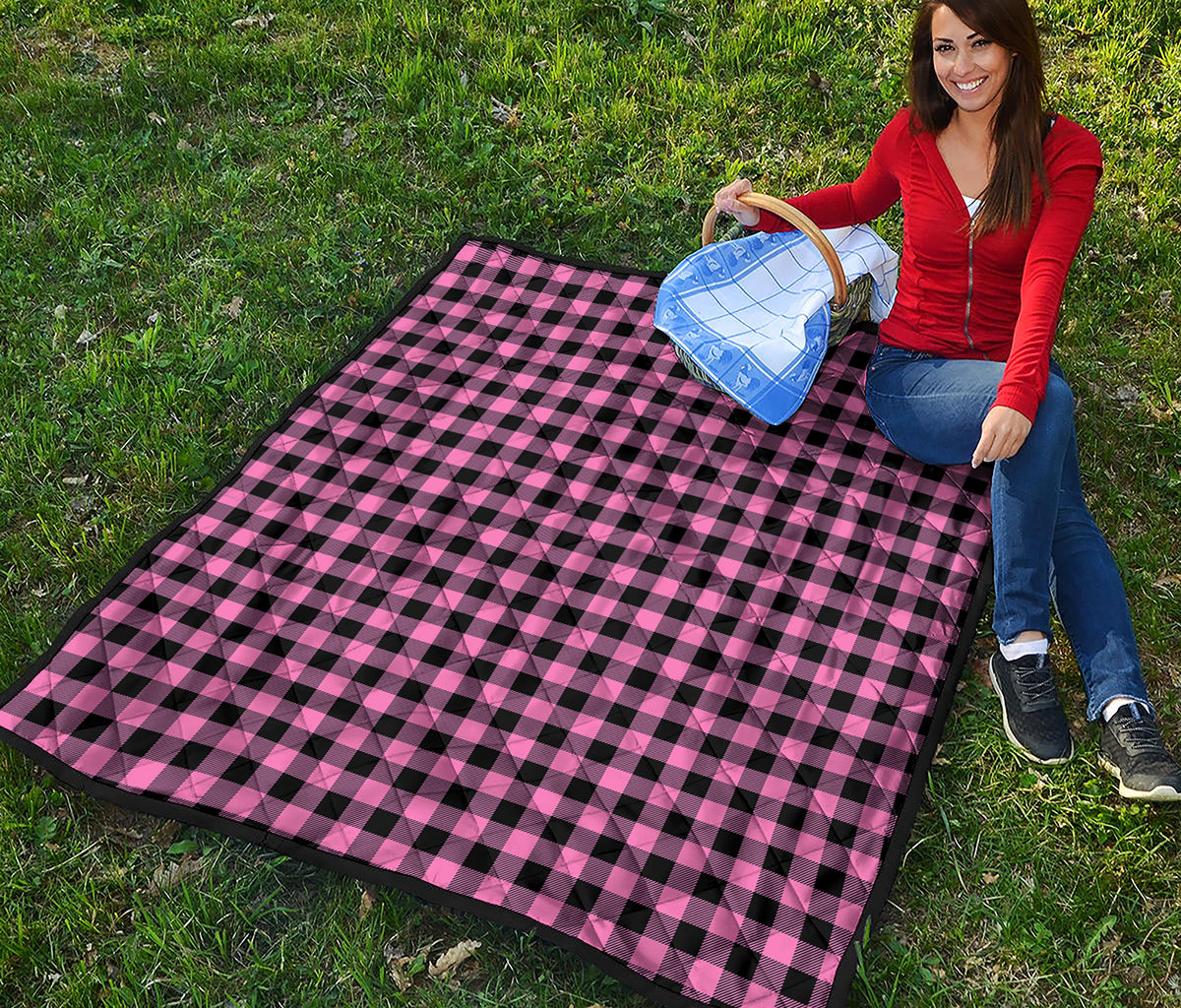 Pink And Black Buffalo Check Print Quilt