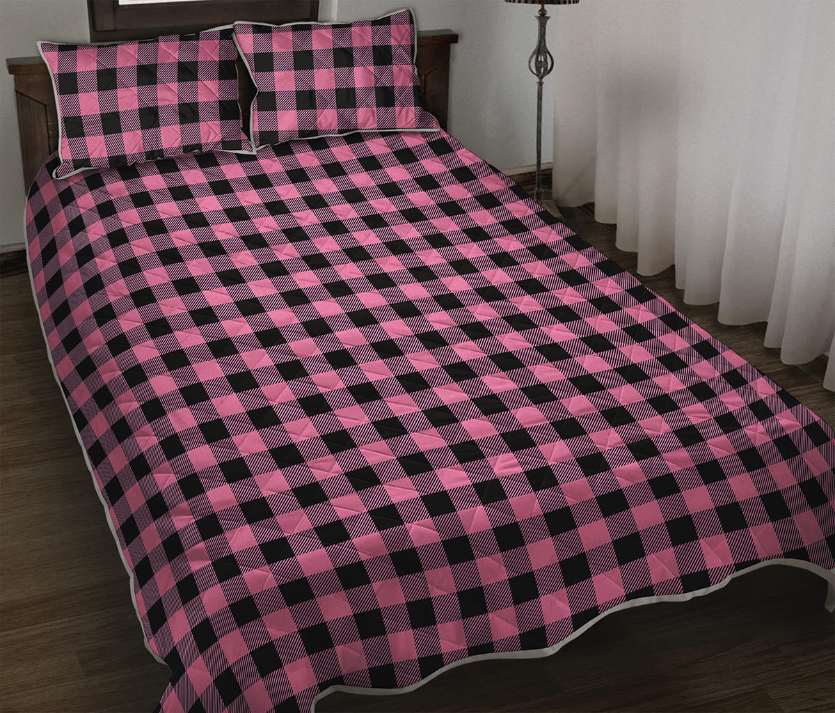 Pink And Black Buffalo Check Print Quilt Bed Set