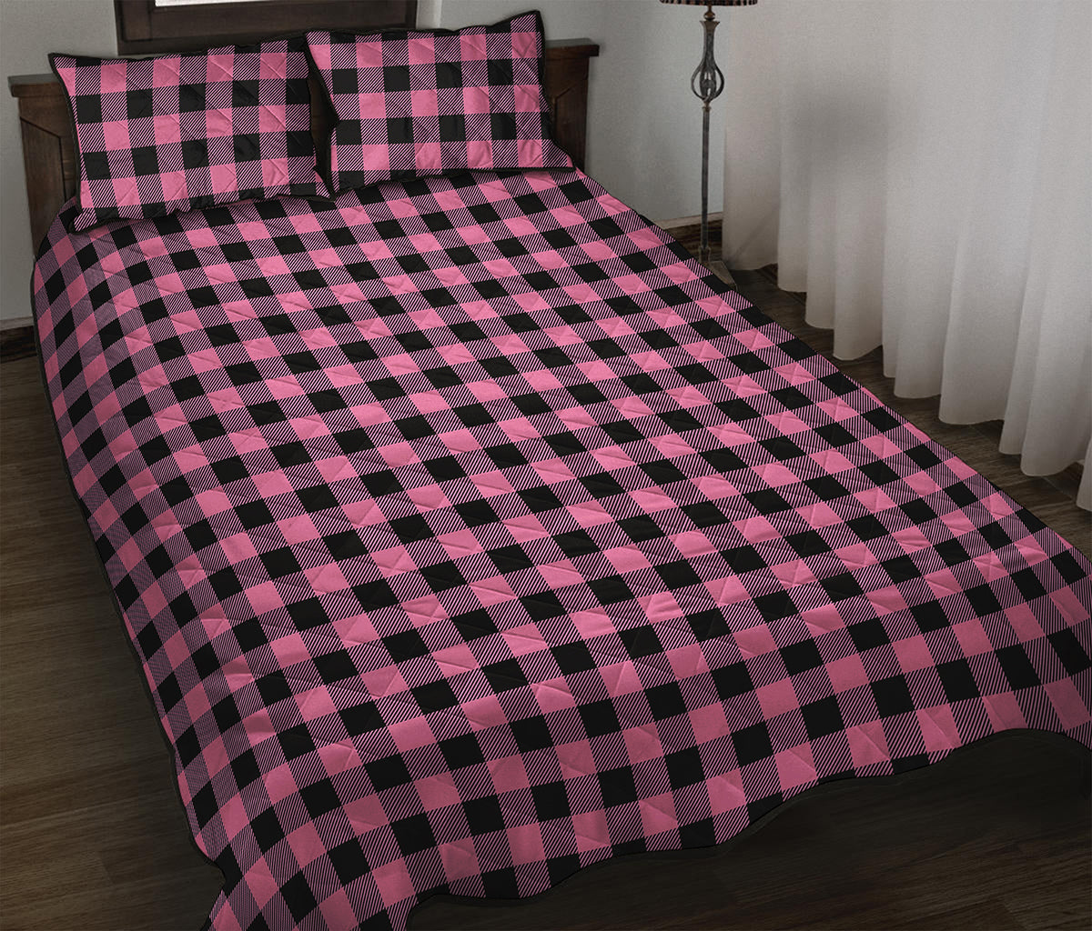 Pink And Black Buffalo Check Print Quilt Bed Set