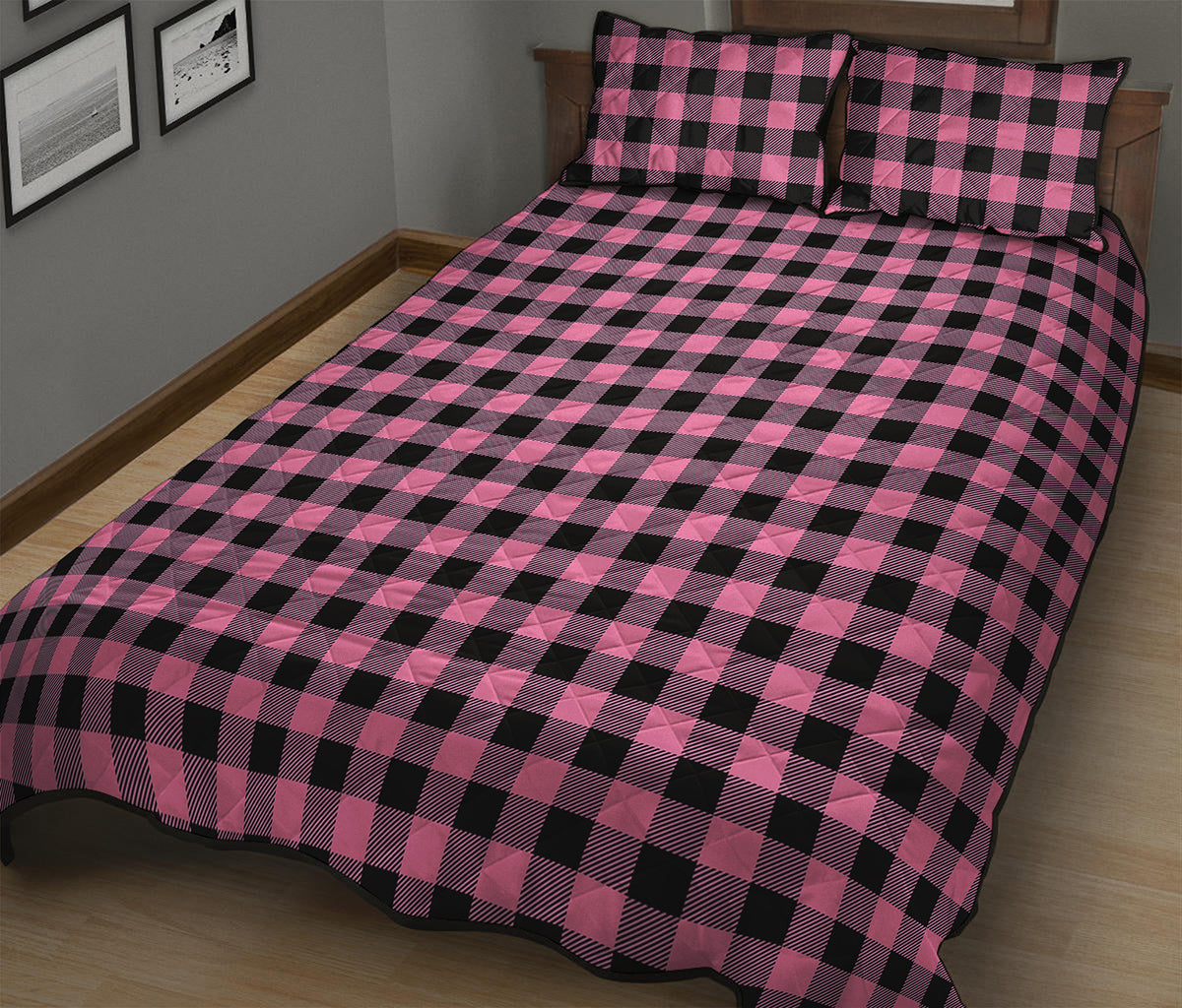Pink And Black Buffalo Check Print Quilt Bed Set
