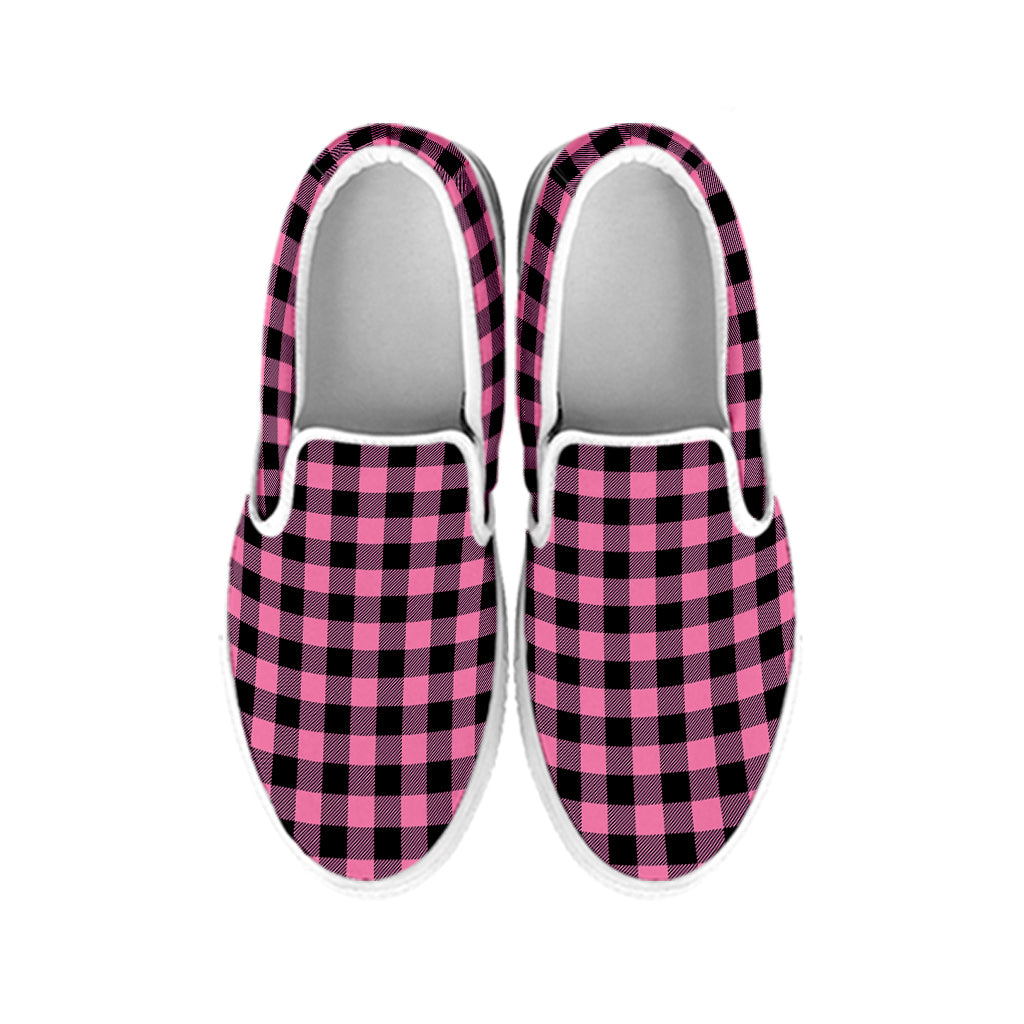 Pink And Black Buffalo Check Print White Slip On Shoes