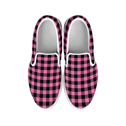 Pink And Black Buffalo Check Print White Slip On Shoes