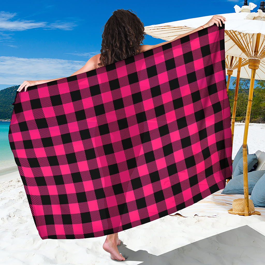 Pink And Black Buffalo Plaid Print Beach Sarong Wrap