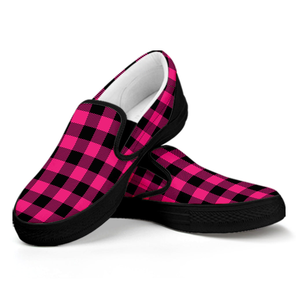 Pink And Black Buffalo Plaid Print Black Slip On Shoes