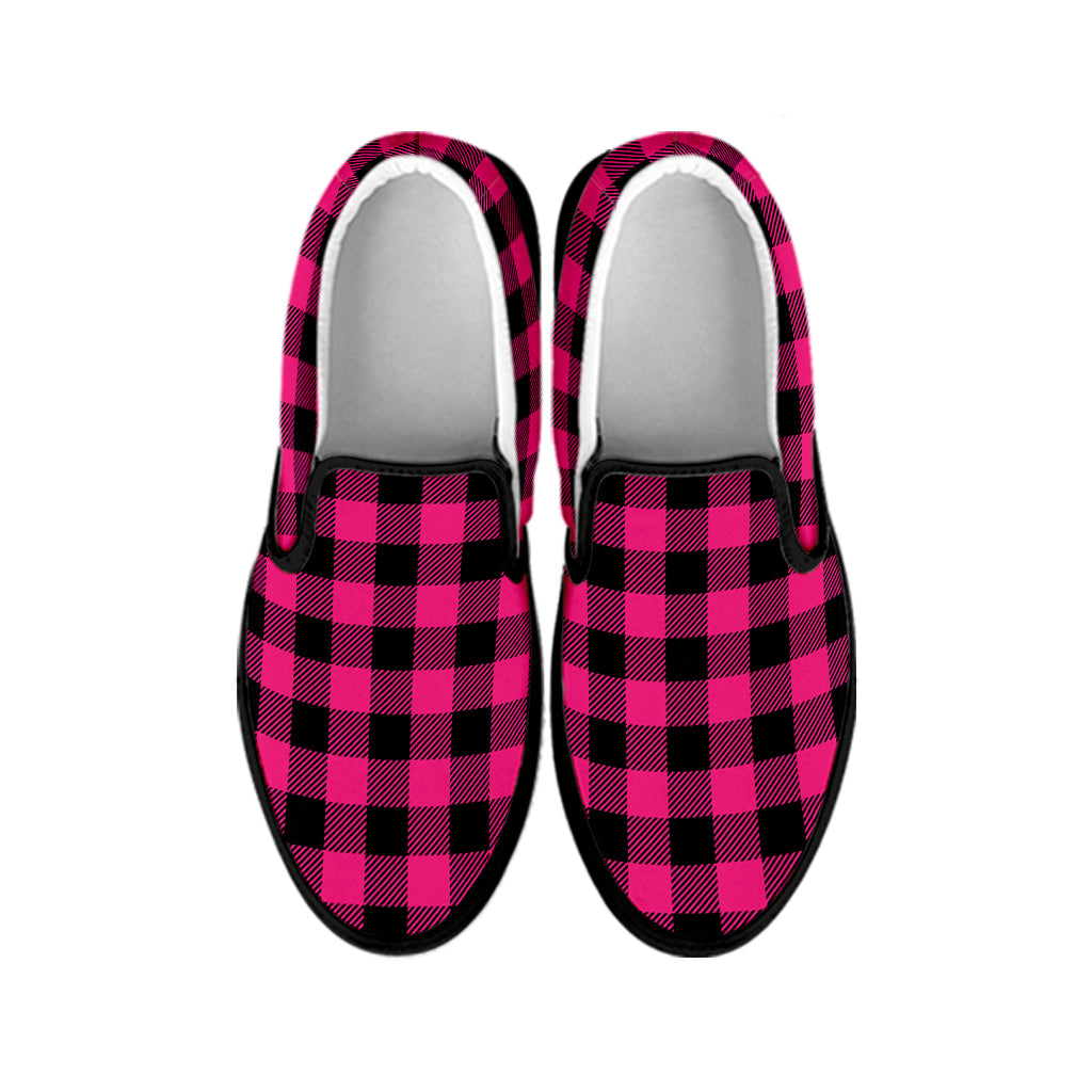 Pink And Black Buffalo Plaid Print Black Slip On Shoes