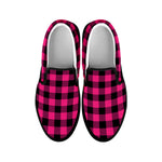 Pink And Black Buffalo Plaid Print Black Slip On Shoes