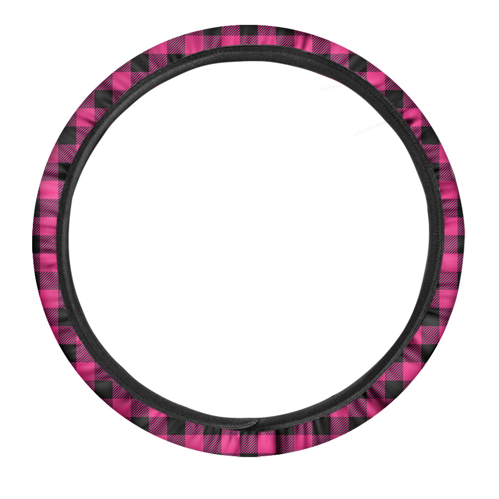 Pink And Black Buffalo Plaid Print Car Steering Wheel Cover