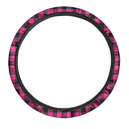 Pink And Black Buffalo Plaid Print Car Steering Wheel Cover