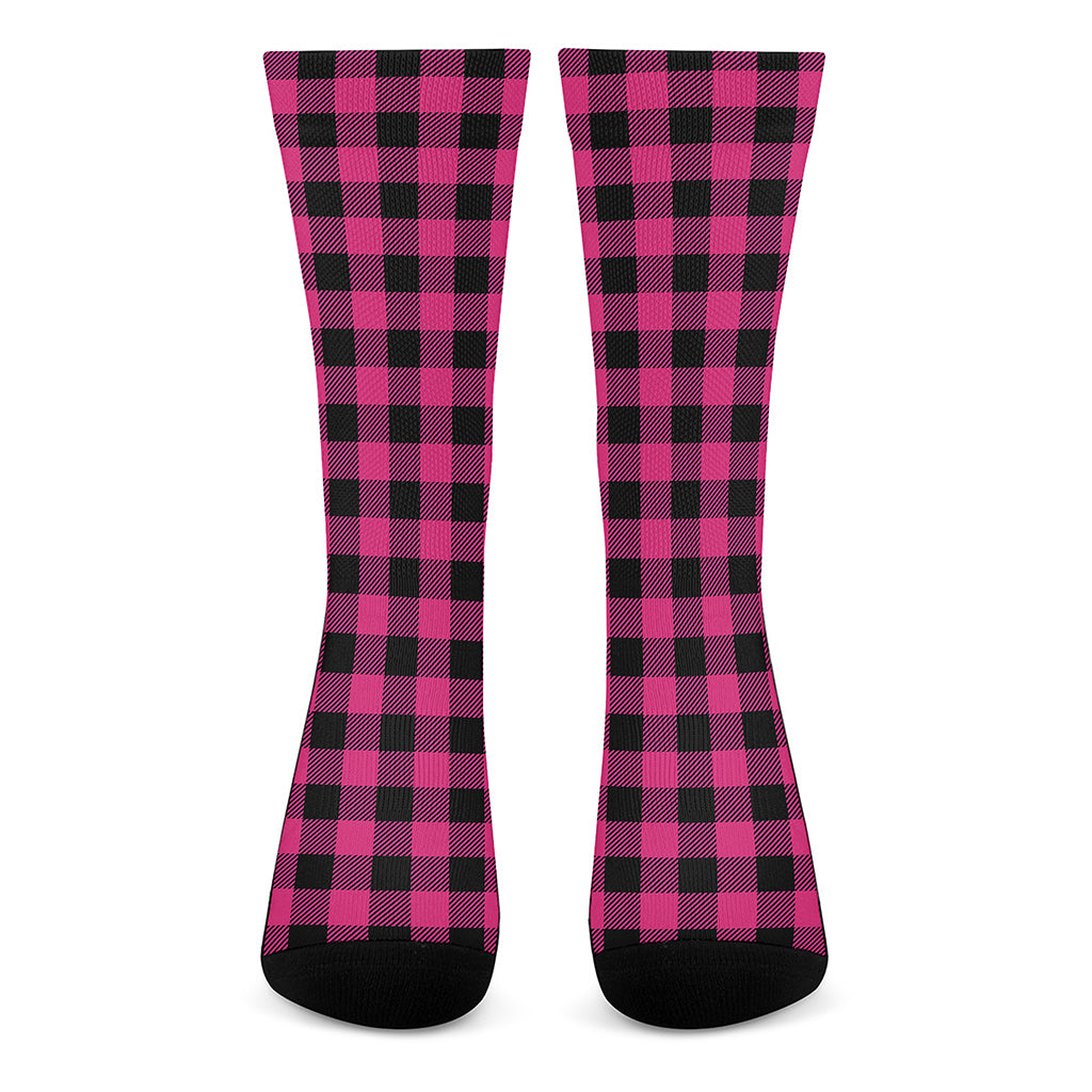 Pink And Black Buffalo Plaid Print Crew Socks