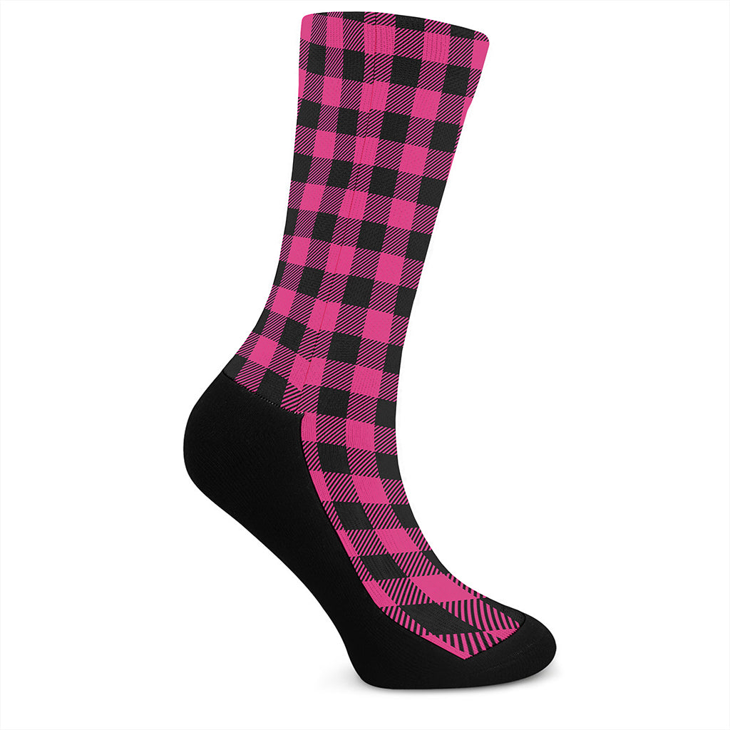 Pink And Black Buffalo Plaid Print Crew Socks