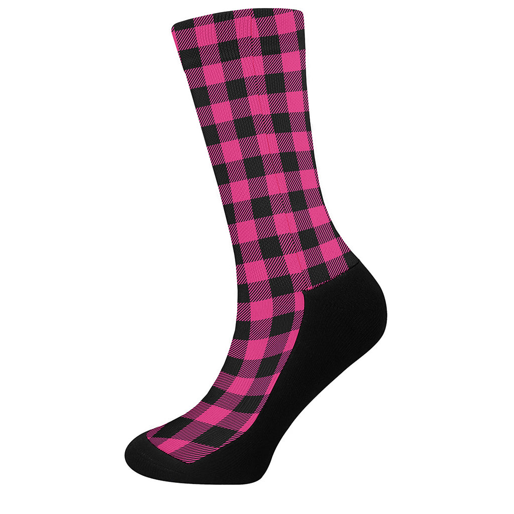 Pink And Black Buffalo Plaid Print Crew Socks