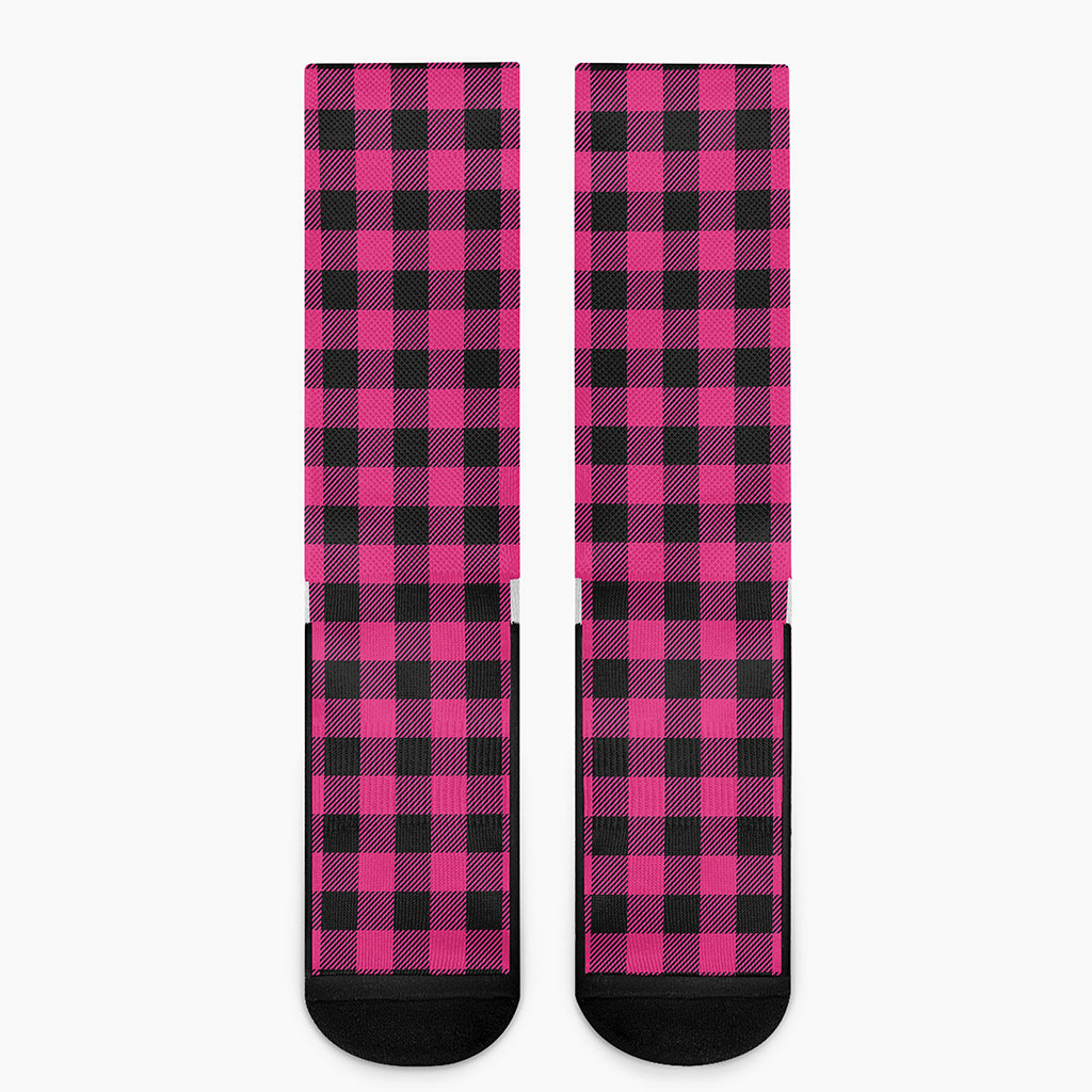 Pink And Black Buffalo Plaid Print Crew Socks