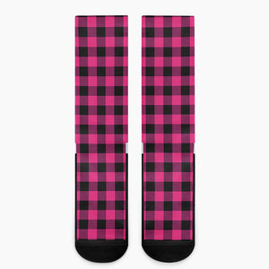 Pink And Black Buffalo Plaid Print Crew Socks