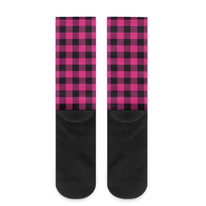 Pink And Black Buffalo Plaid Print Crew Socks