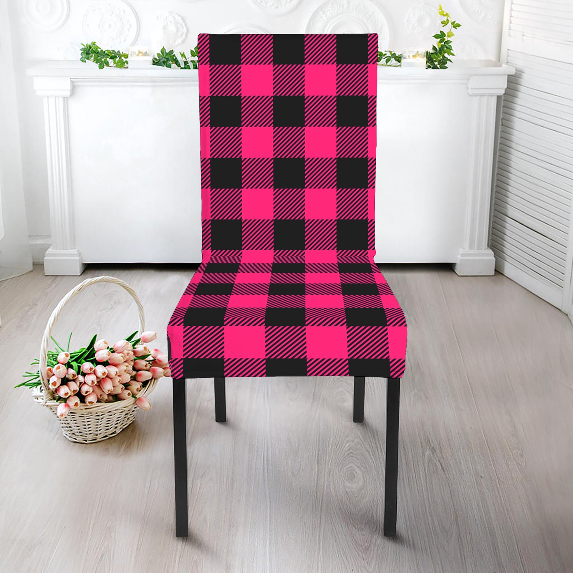 Pink And Black Buffalo Plaid Print Dining Chair Slipcover