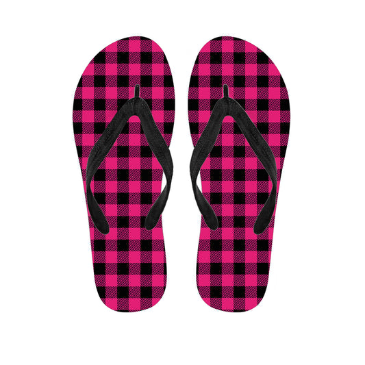 Pink And Black Buffalo Plaid Print Flip Flops