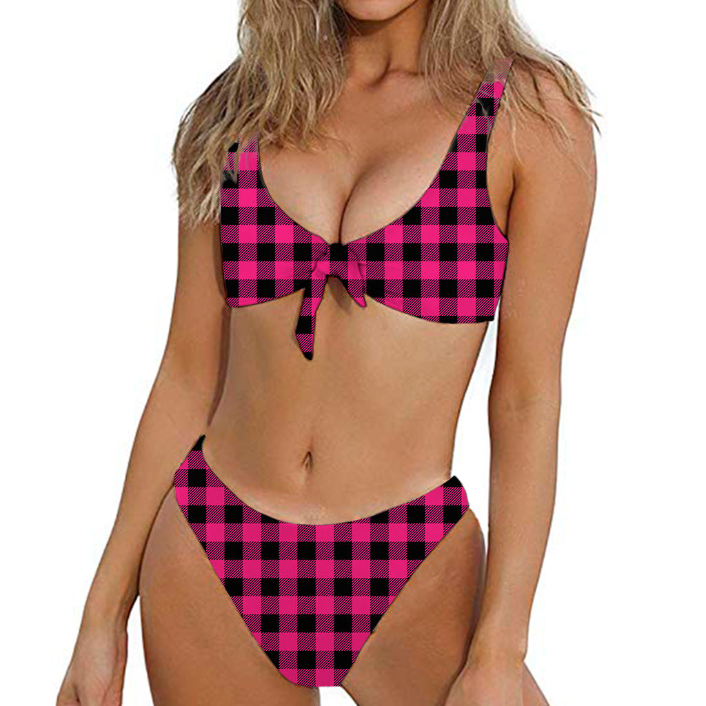Pink And Black Buffalo Plaid Print Front Bow Tie Bikini