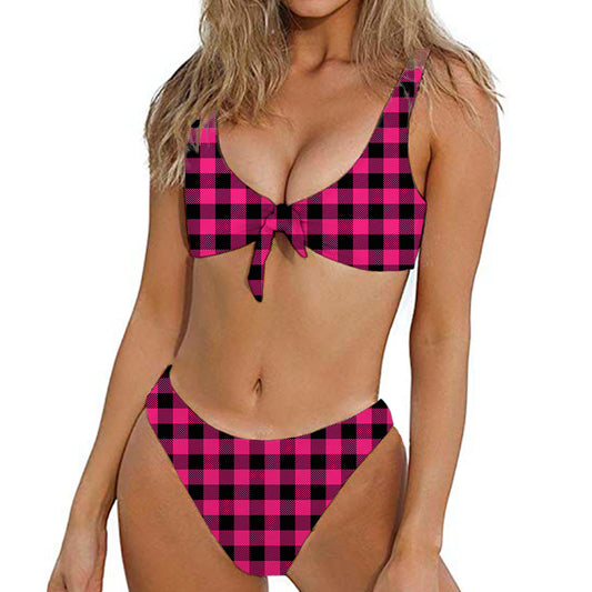 Pink And Black Buffalo Plaid Print Front Bow Tie Bikini