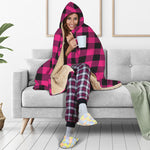Pink And Black Buffalo Plaid Print Hooded Blanket