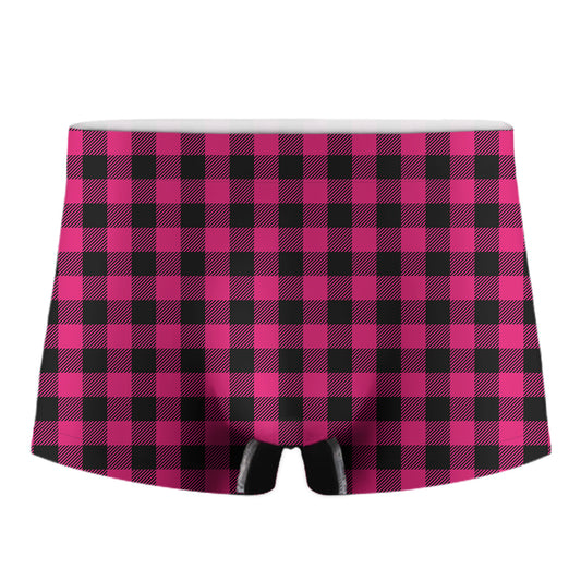 Pink And Black Buffalo Plaid Print Men's Boxer Briefs