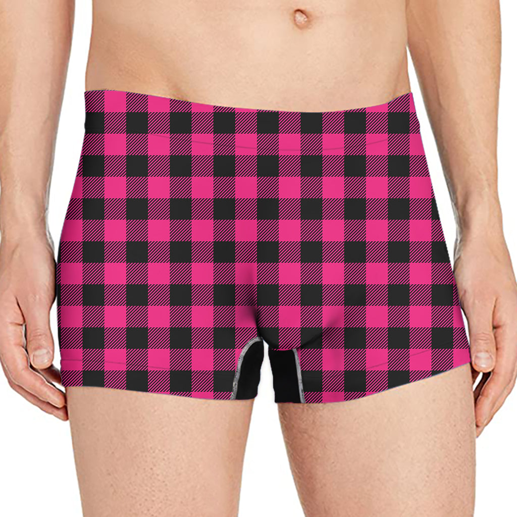 Pink And Black Buffalo Plaid Print Men's Boxer Briefs