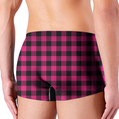 Pink And Black Buffalo Plaid Print Men's Boxer Briefs