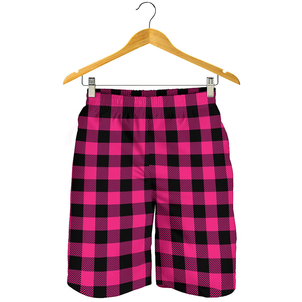 Pink And Black Buffalo Plaid Print Men's Shorts