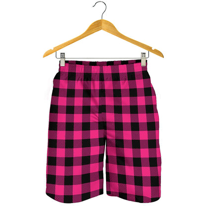 Pink And Black Buffalo Plaid Print Men's Shorts