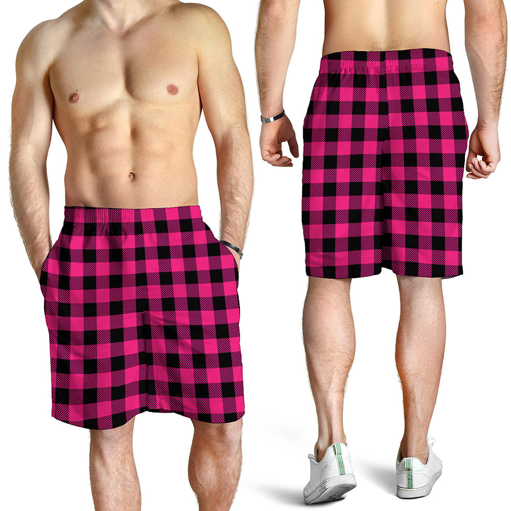 Pink And Black Buffalo Plaid Print Men's Shorts