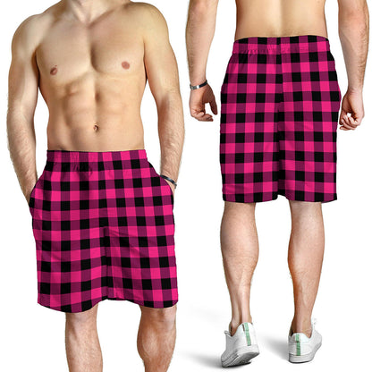 Pink And Black Buffalo Plaid Print Men's Shorts