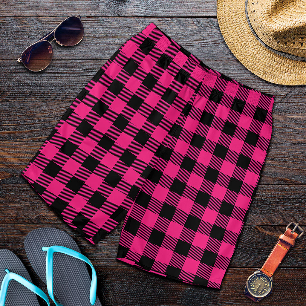 Pink And Black Buffalo Plaid Print Men's Shorts