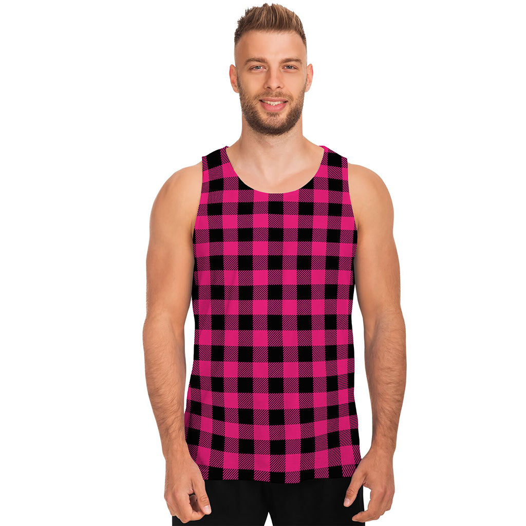 Pink And Black Buffalo Plaid Print Men's Tank Top