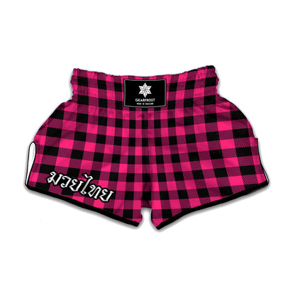 Pink And Black Buffalo Plaid Print Muay Thai Boxing Shorts