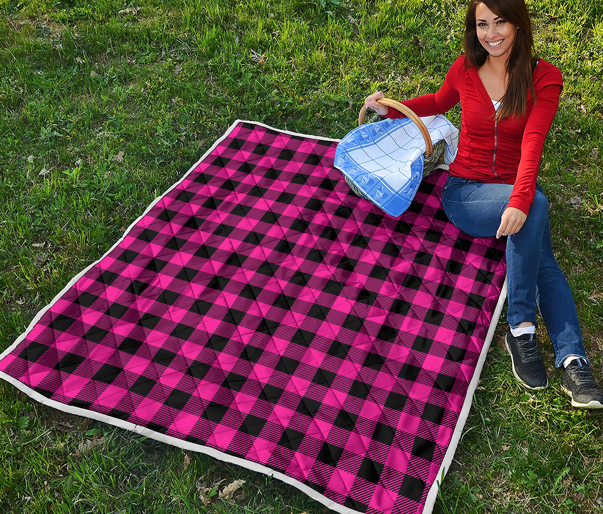 Pink And Black Buffalo Plaid Print Quilt