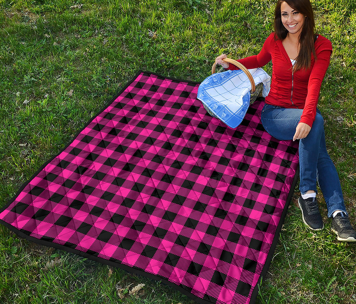 Pink And Black Buffalo Plaid Print Quilt