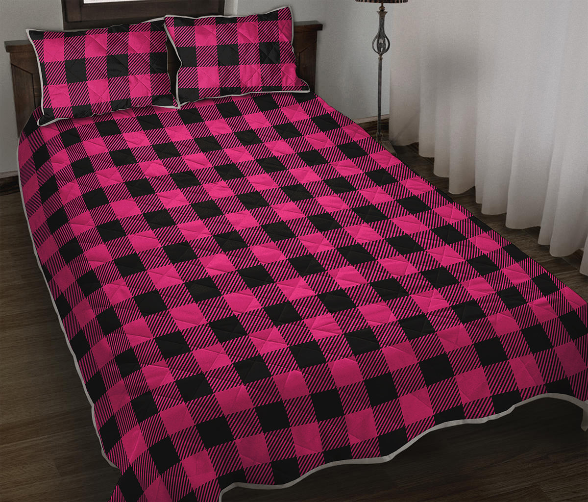 Pink And Black Buffalo Plaid Print Quilt Bed Set