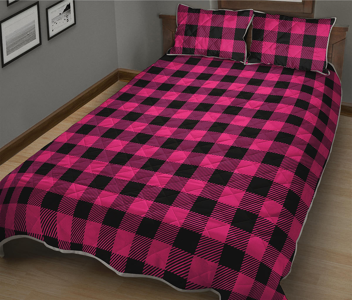 Pink And Black Buffalo Plaid Print Quilt Bed Set