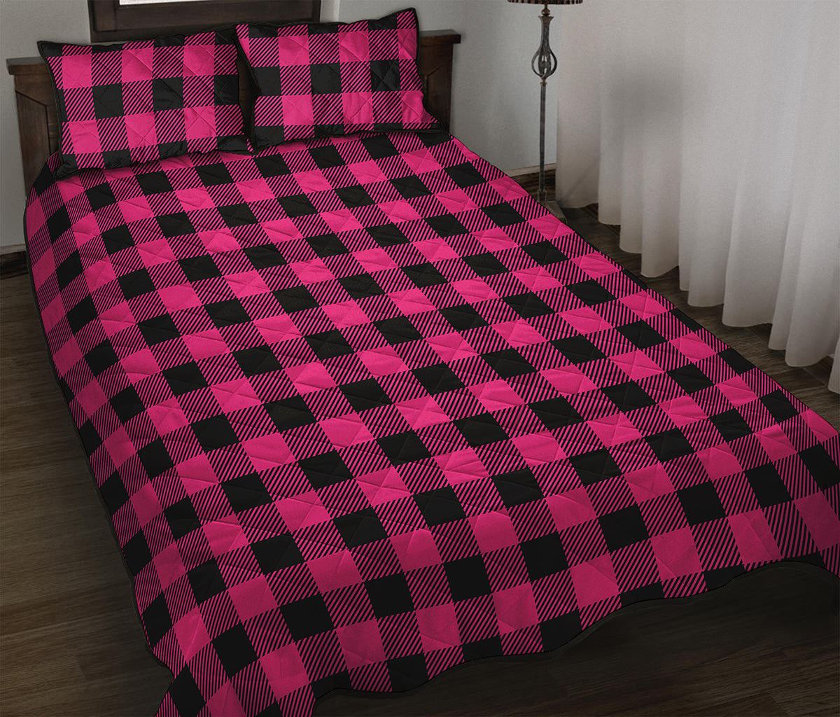 Pink And Black Buffalo Plaid Print Quilt Bed Set