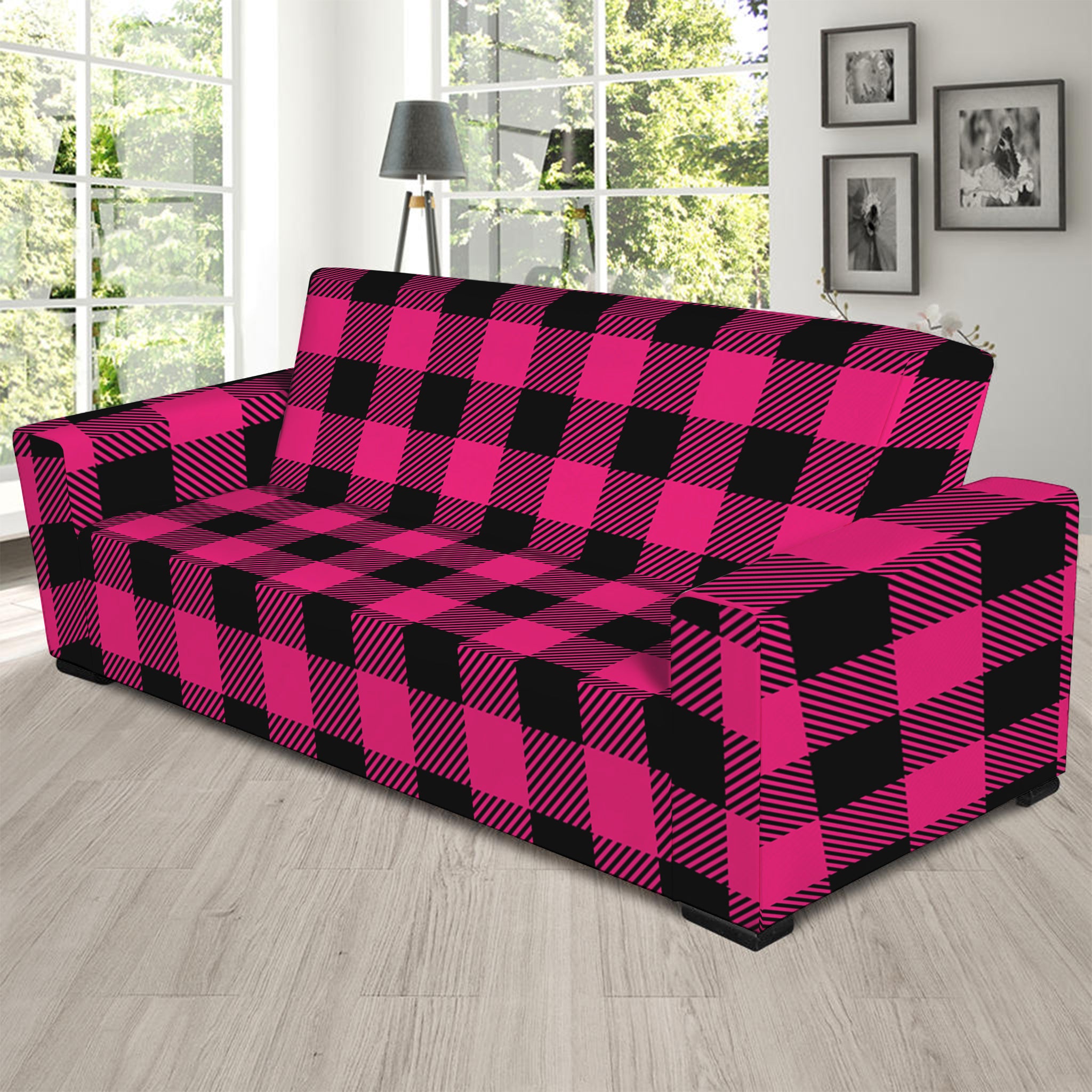 Pink And Black Buffalo Plaid Print Sofa Slipcover