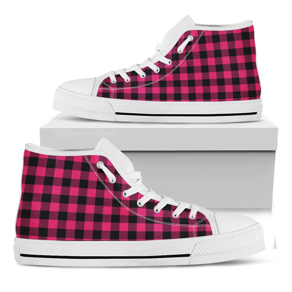 Pink And Black Buffalo Plaid Print White High Top Shoes