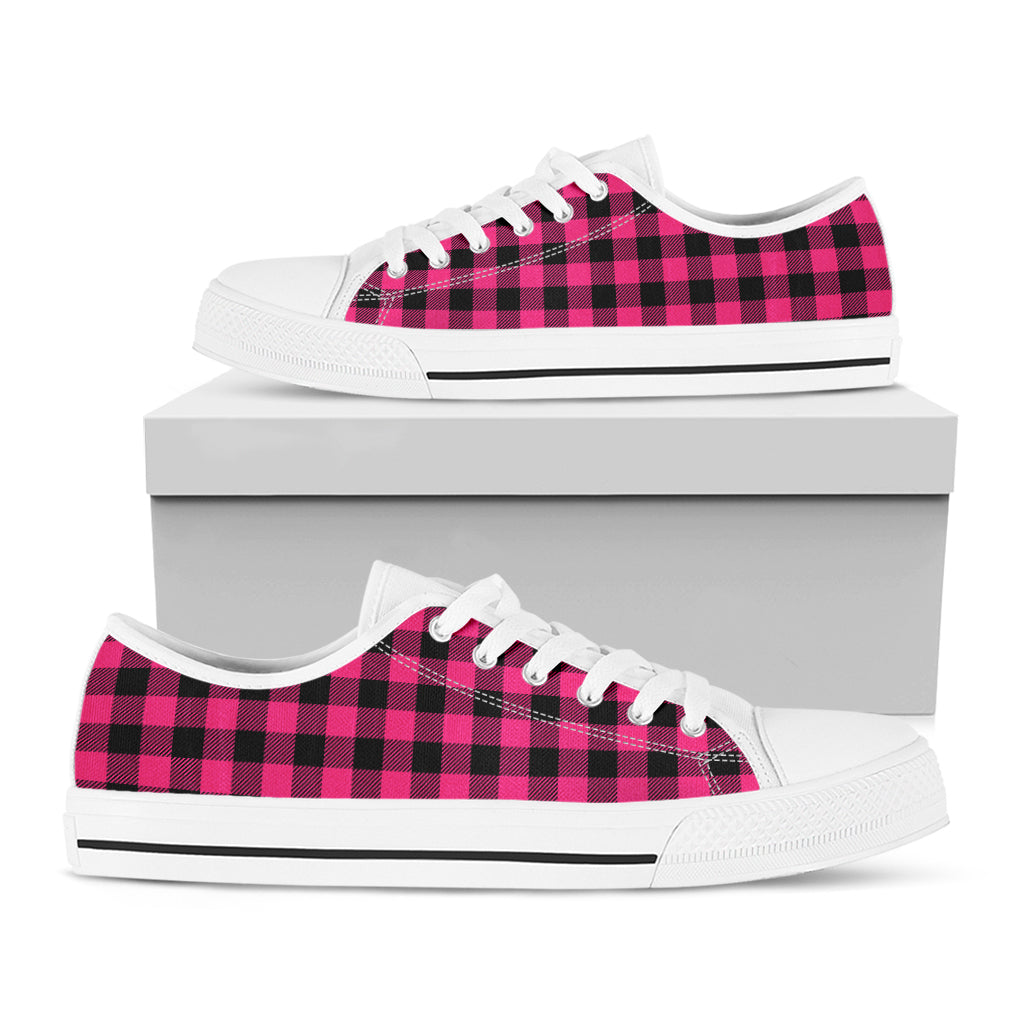 Pink And Black Buffalo Plaid Print White Low Top Shoes