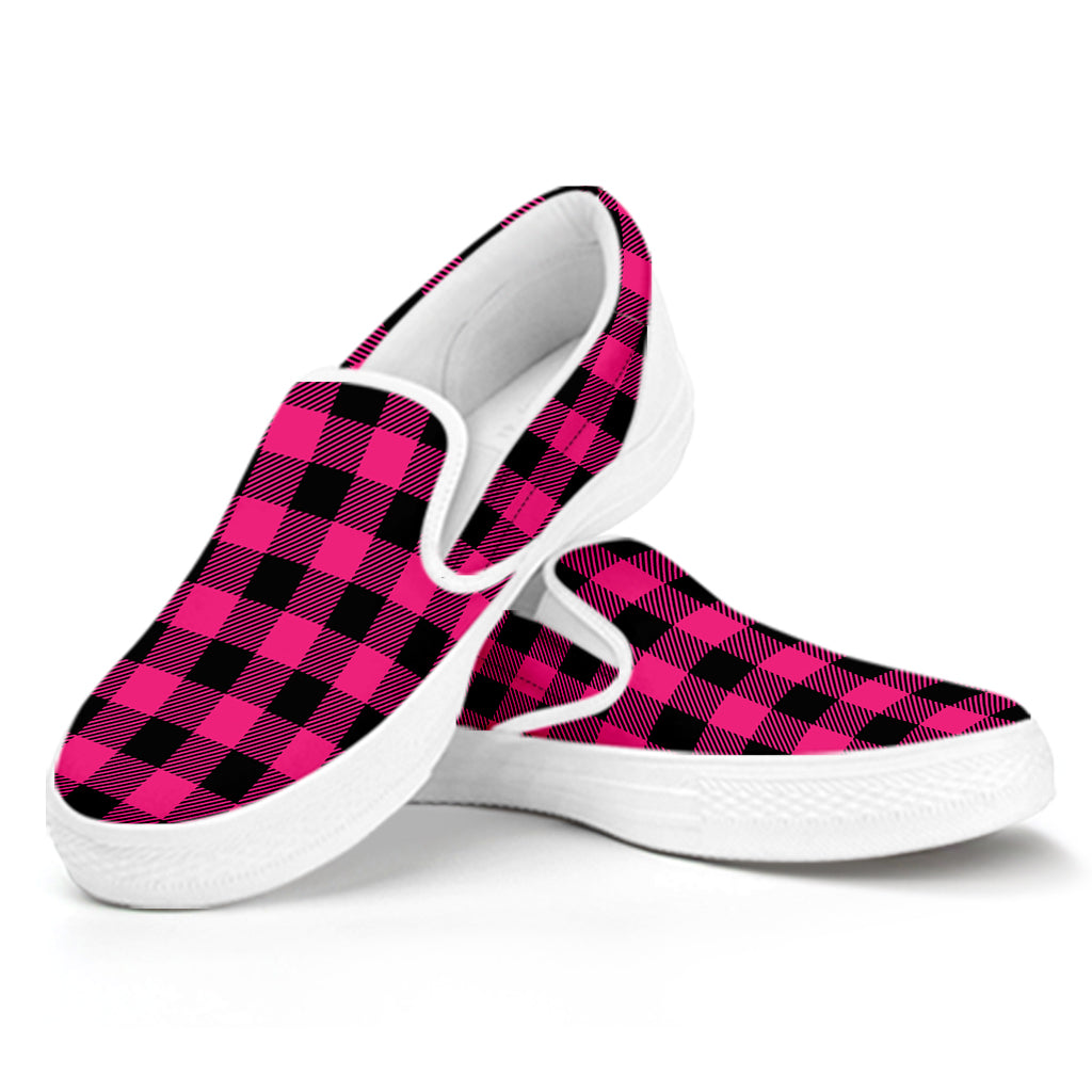 Pink And Black Buffalo Plaid Print White Slip On Shoes