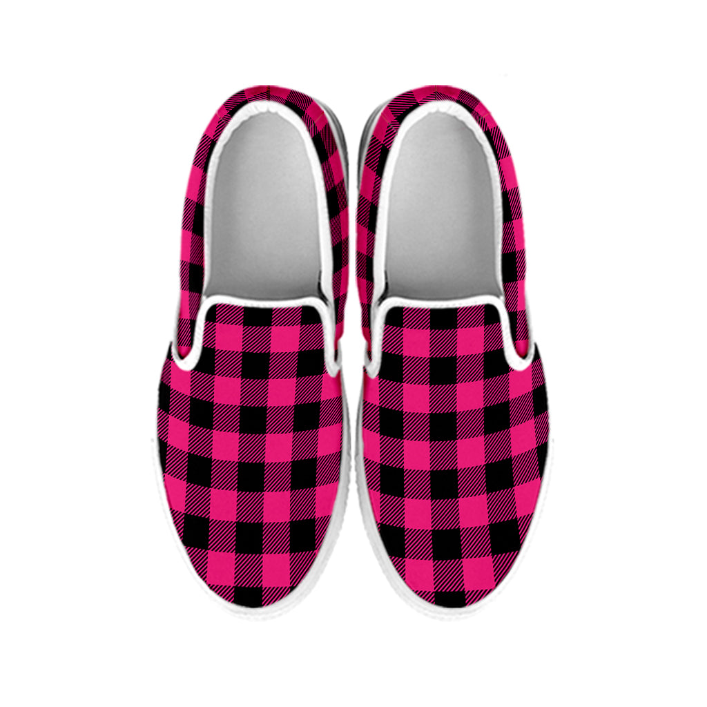 Pink And Black Buffalo Plaid Print White Slip On Shoes