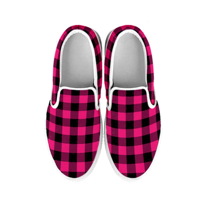 Pink And Black Buffalo Plaid Print White Slip On Shoes