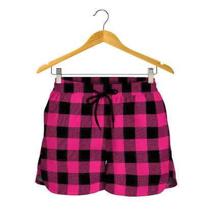 Pink And Black Buffalo Plaid Print Women's Shorts